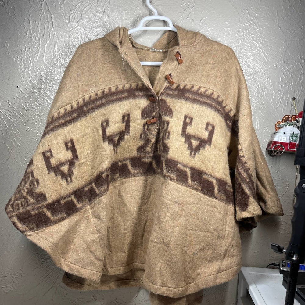 Cream Beige Hooded Toggle Tie Wool Linen Blend Nordic Poncho Sweater Womens OS